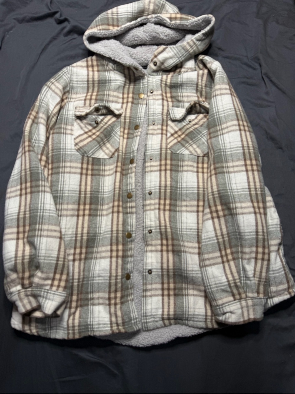Plaid Hooded Teddy Jacket in Cream and Brown